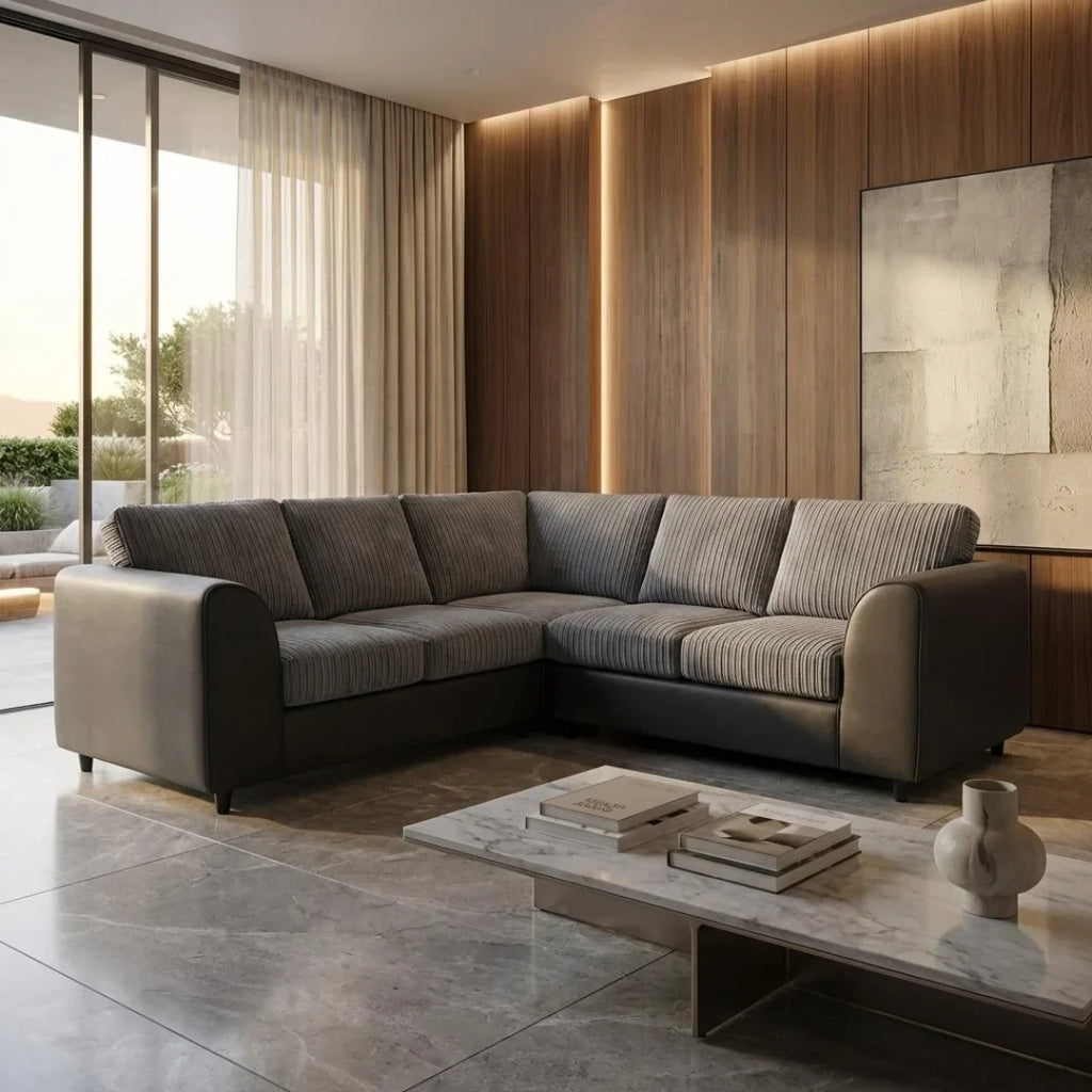 Byron Jumbo Cord and Faux Leather Living Room Sofa