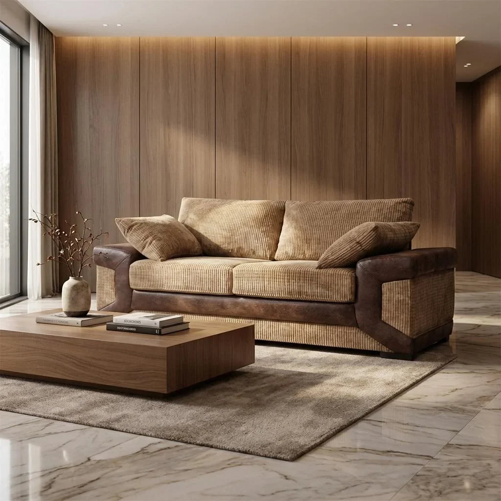 Dino Full Back Jumbo Cord and Faux Leather Living Room Sofa